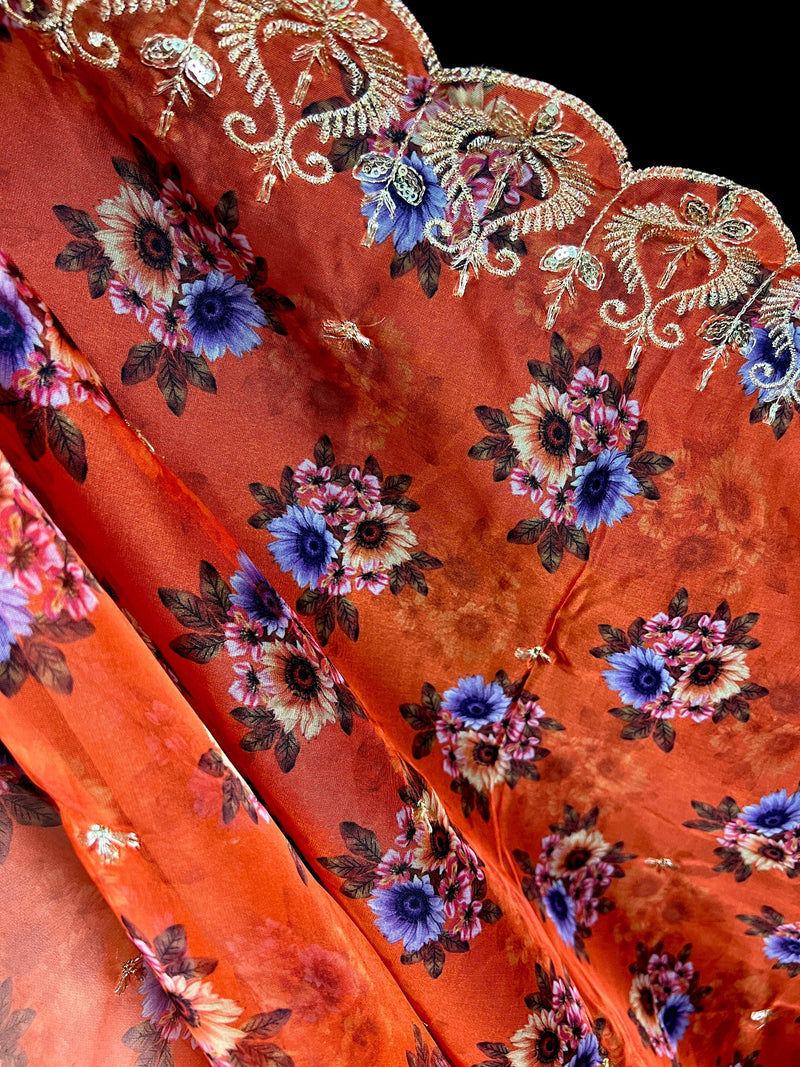 Orange Color Soft Organza Dupatta with Embroidery, Sequin and Zari with Floral Digital Prints