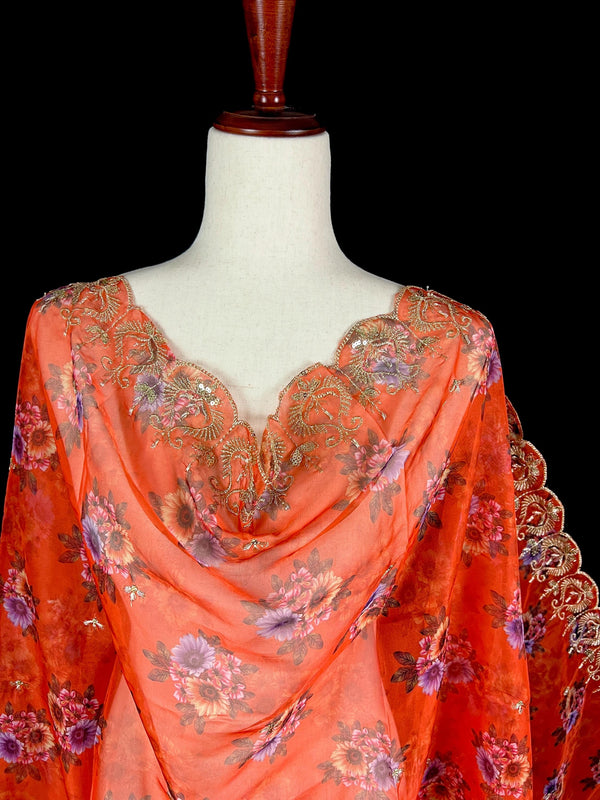 Orange Color Soft Organza Dupatta with Embroidery, Sequin and Zari with Floral Digital Prints