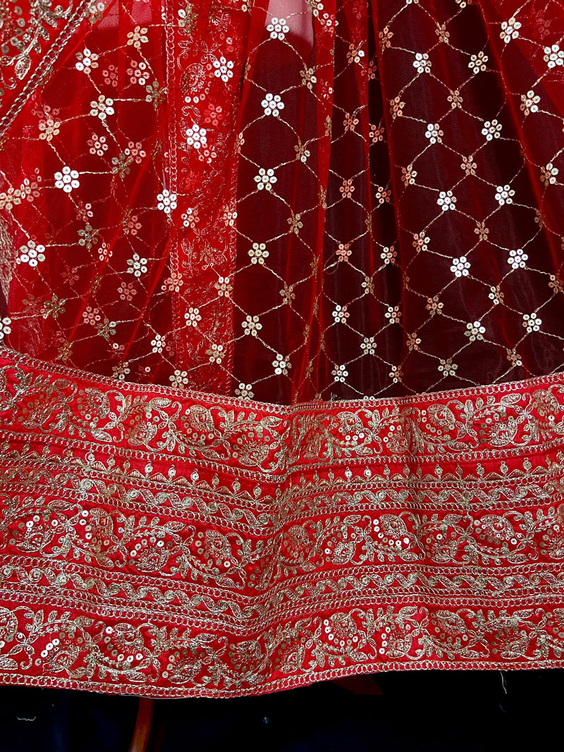 Red Color Soft Premium Quality Net Dupatta with Embroidery, Sequin and Zari | Heavy Border