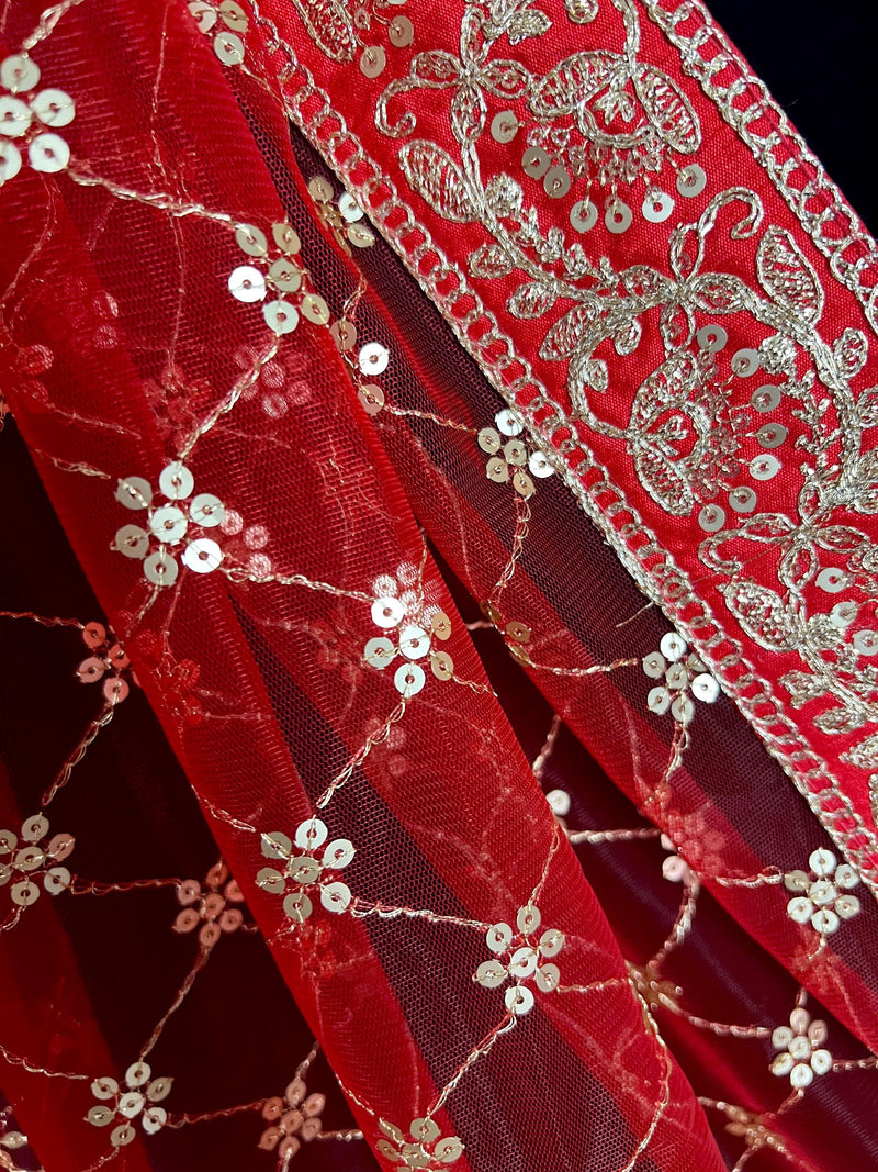 Red Color Soft Premium Quality Net Dupatta with Embroidery, Sequin and Zari | Heavy Border