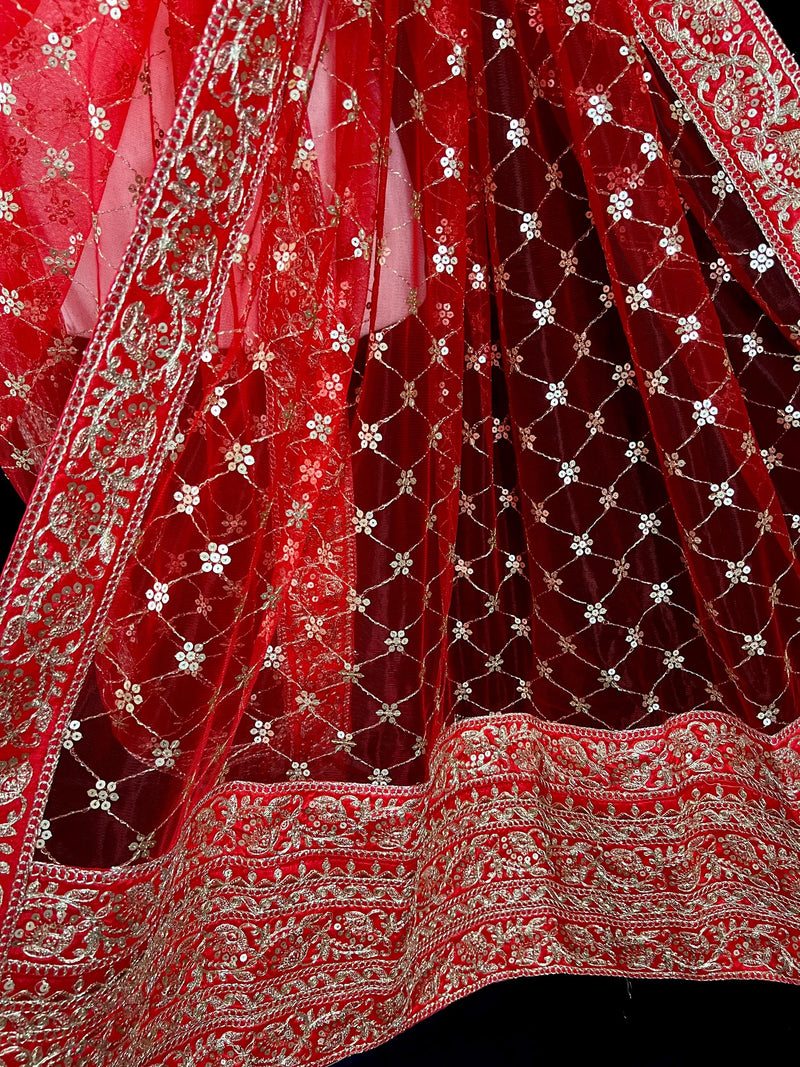 Red Color Soft Premium Quality Net Dupatta with Embroidery, Sequin and Zari | Heavy Border