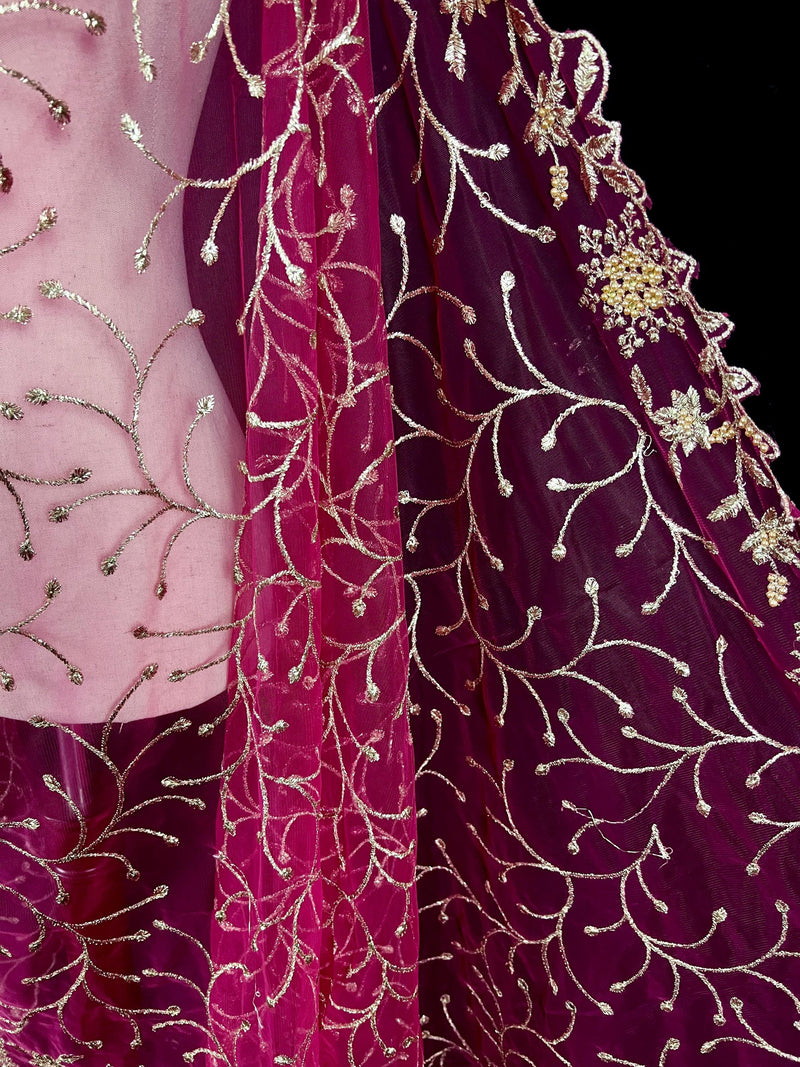 Hot Pink Soft Net Dupatta with Heavy Embroidery, Pearl and Zari