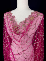 Hot Pink Soft Net Dupatta with Heavy Embroidery, Pearl and Zari