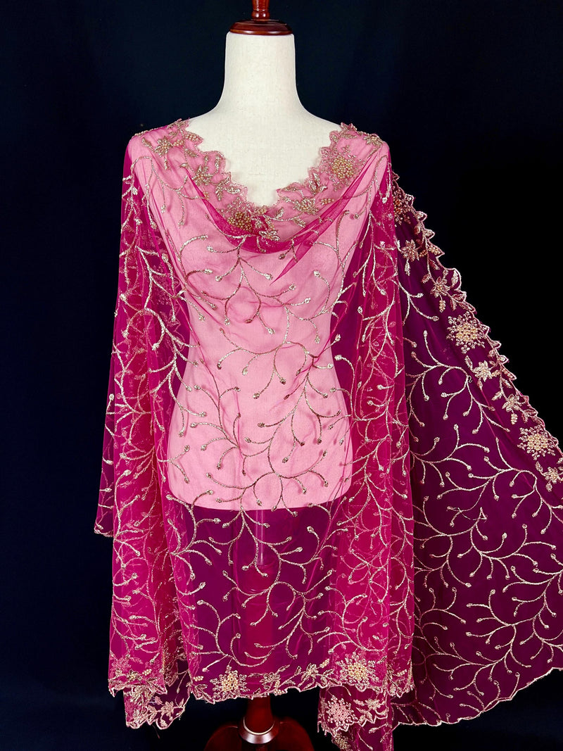 Hot Pink Soft Net Dupatta with Heavy Embroidery, Pearl and Zari