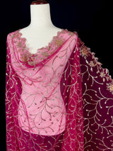 Hot Pink Soft Net Dupatta with Heavy Embroidery, Pearl and Zari