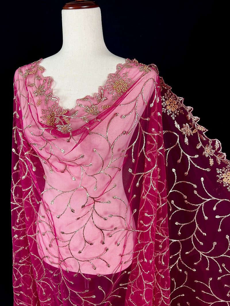 Hot Pink Soft Net Dupatta with Heavy Embroidery, Pearl and Zari