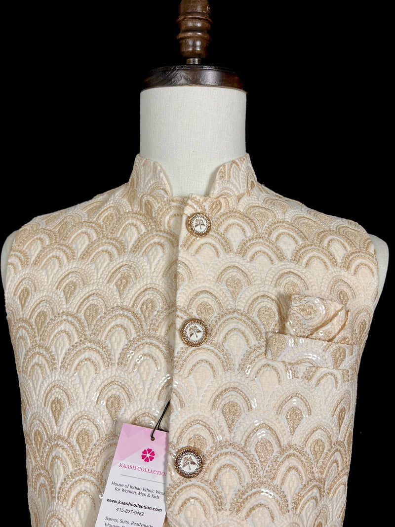 Pastel Gold Jacket for Men with Embroidery, thread and Sequin Work | Jacket for Kurta | Mens Wedding Wear Outfit | Men Waistcoat