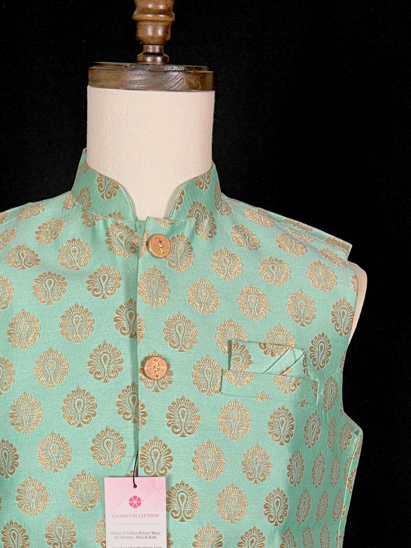 Designer Sea Green Color Modi Nehru Jacket For Men in Banarasi Silk | Waist Coat | Jacket for Kurta | Indian Wedding Wear for Men