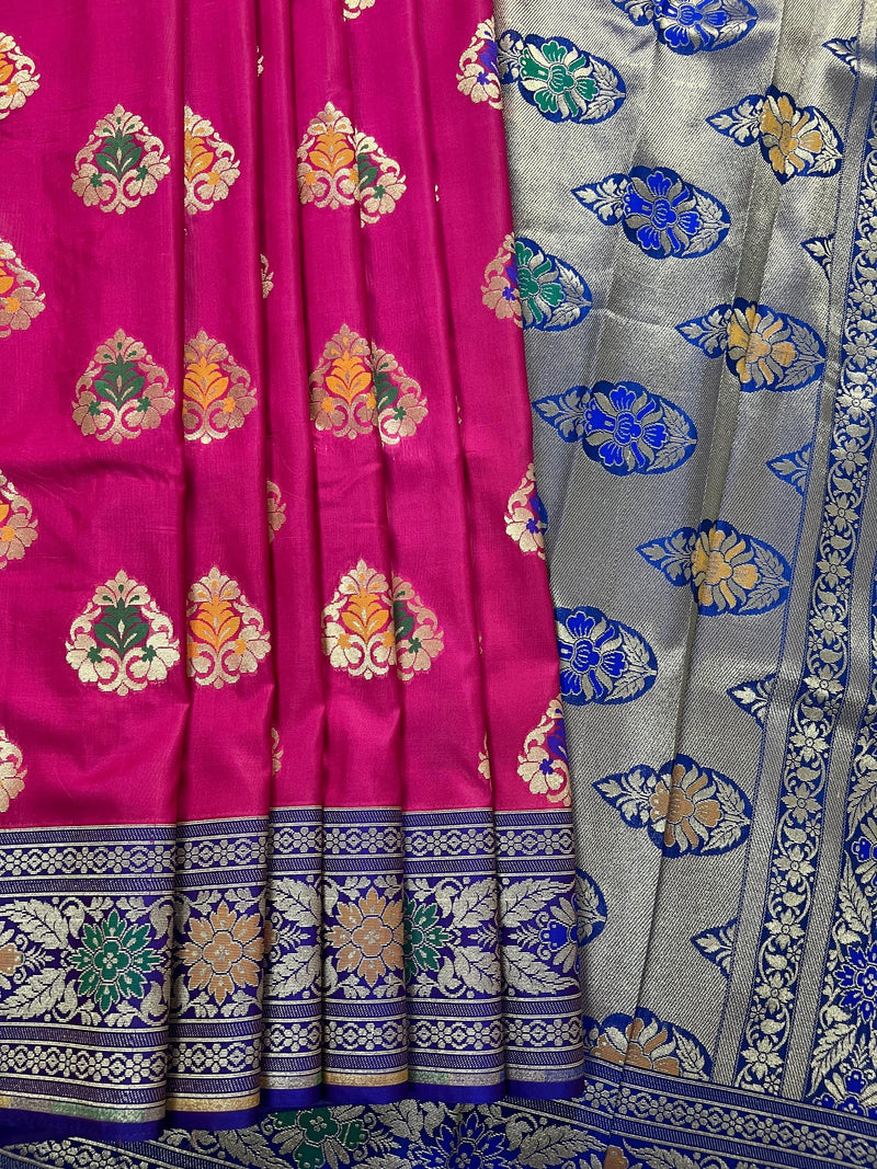 Pink Traditional Banarasi Handloom Saree in Banarasi Silk  - Meenakari Floral Butta