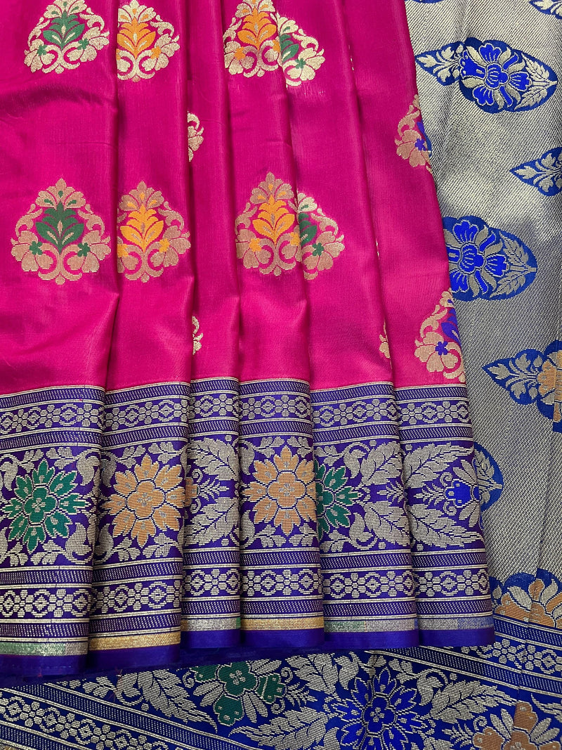 Pink Traditional Banarasi Handloom Saree in Banarasi Silk  - Meenakari Floral Butta