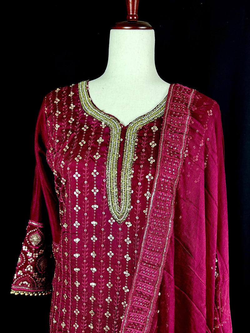 Designer Readymade Salwar Kameez 3pcs in Burgundy Color For Women with Handwork