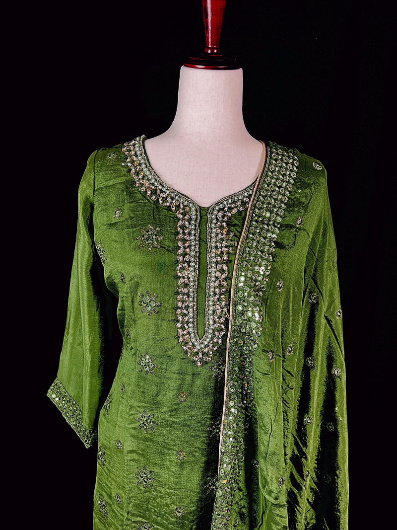 Readymade 3pcs Suit in Mehandi Green Color For Women with Handwork