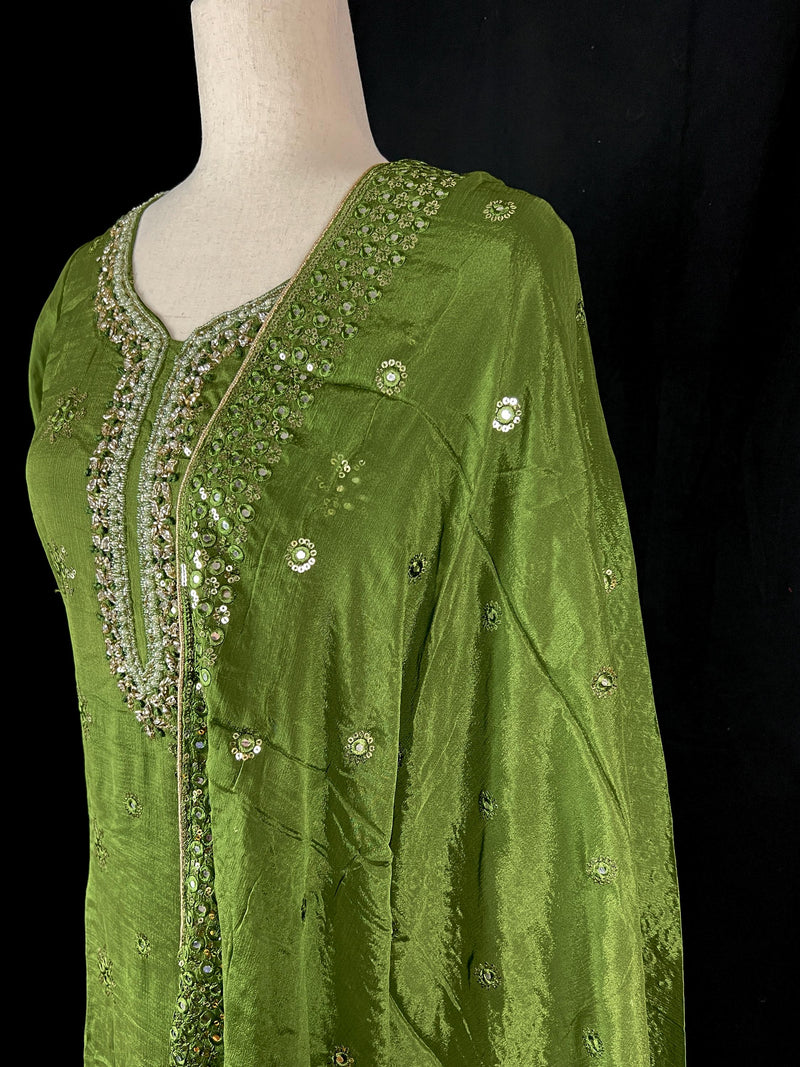 Readymade 3pcs Suit in Mehandi Green Color For Women with Handwork