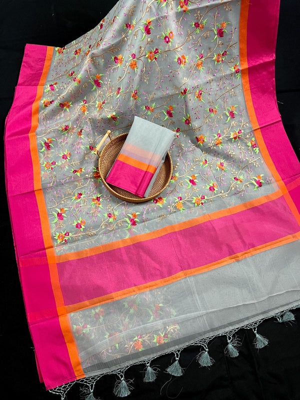 Handmade Grey Color Banarasi Kora Organza Saree with Raw Silk Patta on the Border - Floral Embroidery