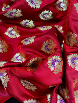 Bright Red and Bottle Green Traditional Banarasi Satin Silk Saree with Floral Jaal Pattern and Meenakari