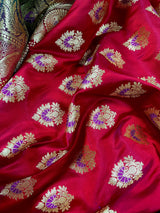 Bright Red and Bottle Green Traditional Banarasi Satin Silk Saree with Floral Jaal Pattern and Meenakari