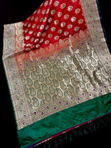 Bright Red and Bottle Green Traditional Banarasi Satin Silk Saree with Floral Jaal Pattern and Meenakari