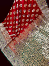 Bright Red and Bottle Green Traditional Banarasi Satin Silk Saree with Floral Jaal Pattern and Meenakari