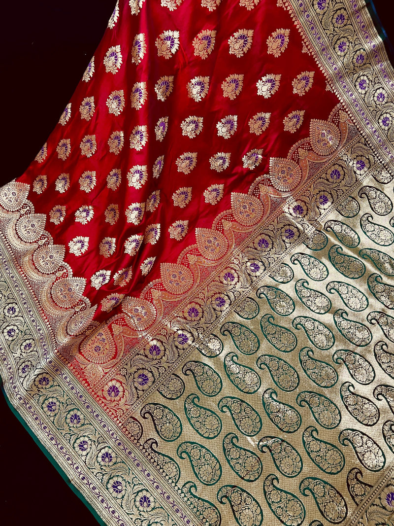 Bright Red and Bottle Green Traditional Banarasi Satin Silk Saree with Floral Jaal Pattern and Meenakari