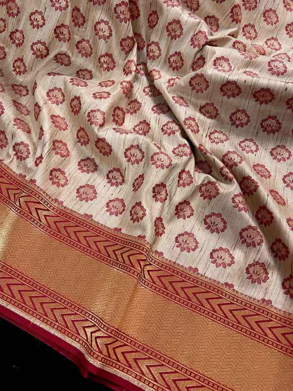 Beige Color with Maroon Half and Half Banarasi Semi-Tussar Silk Saree With Muted Gold Zari Weave