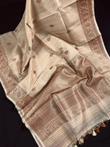 Beige Color Pure Tussar Saree with Antique Zari Weave  - Silk Mark Certified