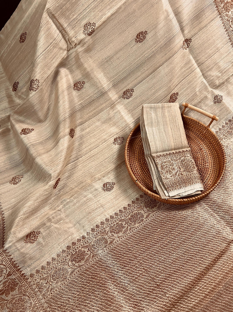 Beige Color Pure Tussar Saree with Antique Zari Weave  - Silk Mark Certified