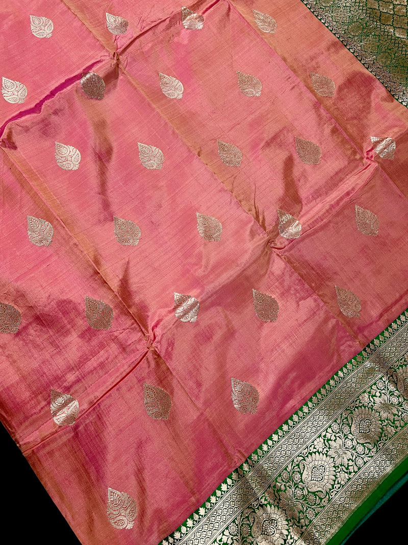 Pastel Peach Color Pure Banarasi Katan Silk Saree with Green Border and Pallu - Silk Mark Certified