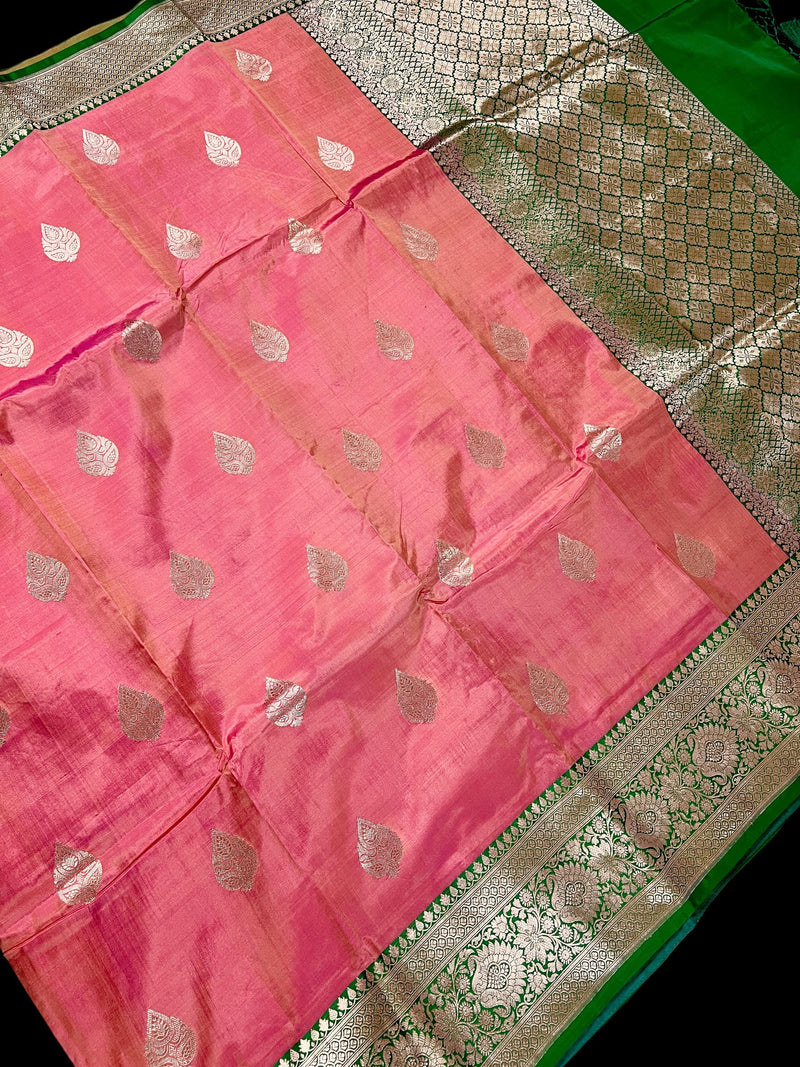 Pastel Peach Color Pure Banarasi Katan Silk Saree with Green Border and Pallu - Silk Mark Certified