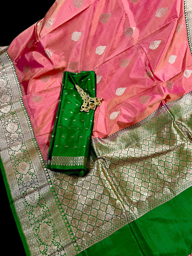 Pastel Peach Color Pure Banarasi Katan Silk Saree with Green Border and Pallu - Silk Mark Certified