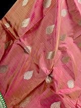 Pastel Peach Color Pure Banarasi Katan Silk Saree with Green Border and Pallu - Silk Mark Certified