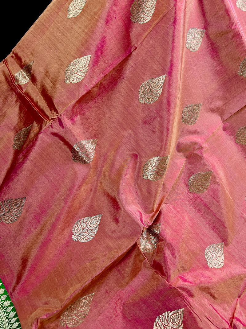 Pastel Peach Color Pure Banarasi Katan Silk Saree with Green Border and Pallu - Silk Mark Certified