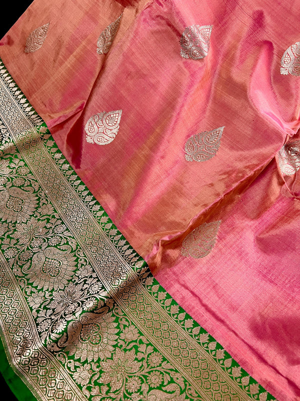 Pastel Peach Color Pure Banarasi Katan Silk Saree with Green Border and Pallu - Silk Mark Certified