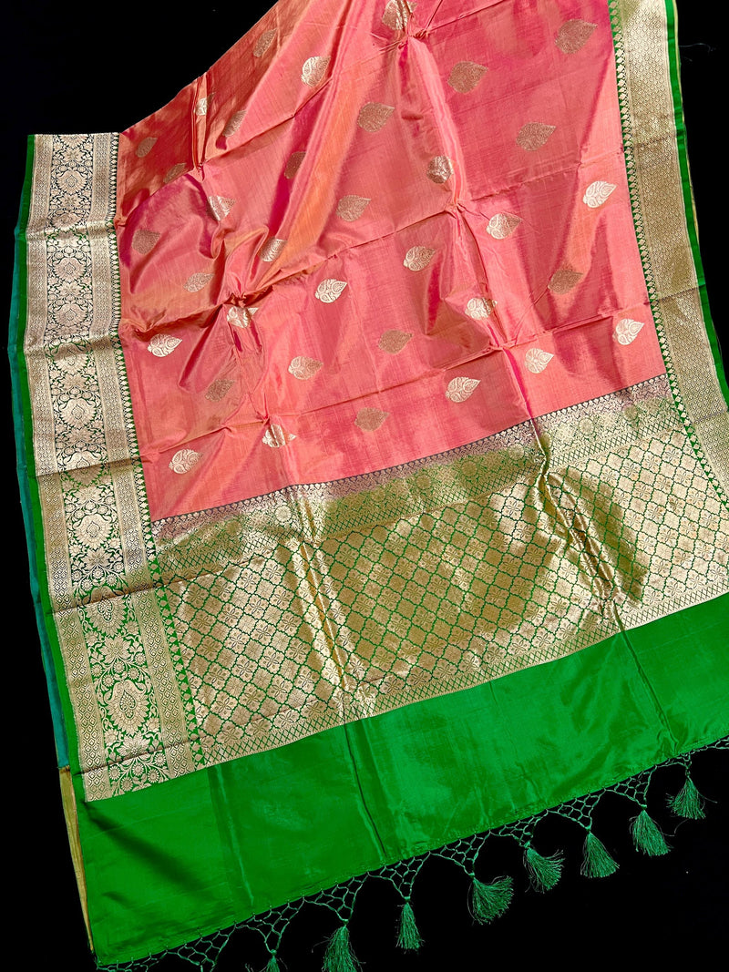 Pastel Peach Color Pure Banarasi Katan Silk Saree with Green Border and Pallu - Silk Mark Certified