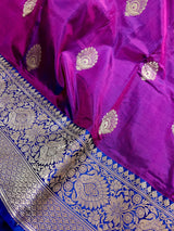 Eggplant Purple Pure Katan Silk Saree with Blue Border and Pallu - Pure Silk Sarees - SILK MARK CERTIFIED