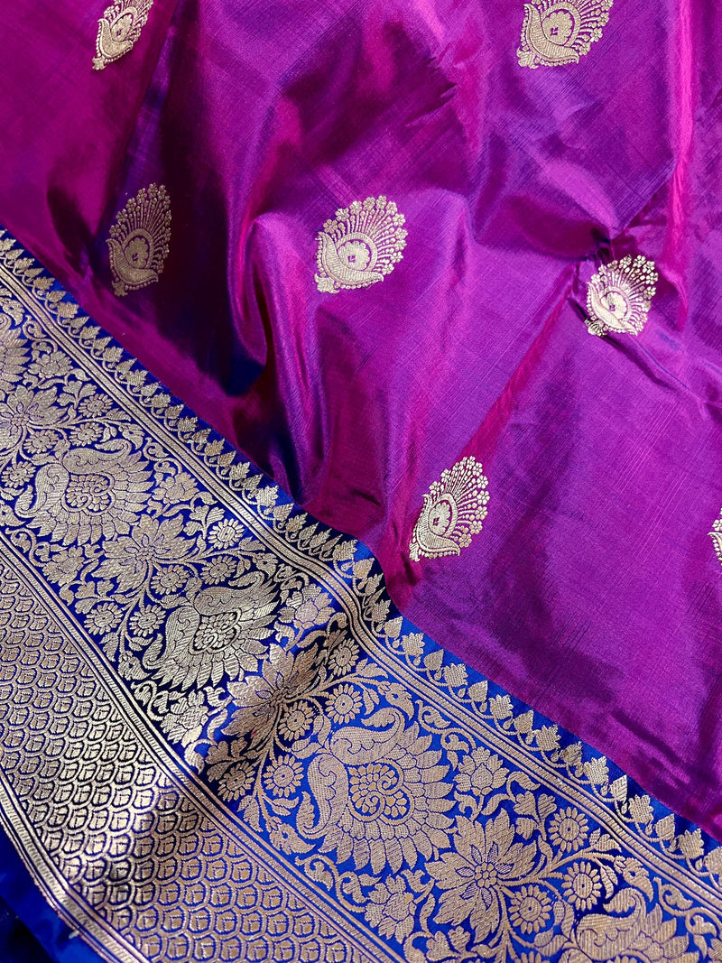 Eggplant Purple Pure Katan Silk Saree with Blue Border and Pallu - Pure Silk Sarees - SILK MARK CERTIFIED