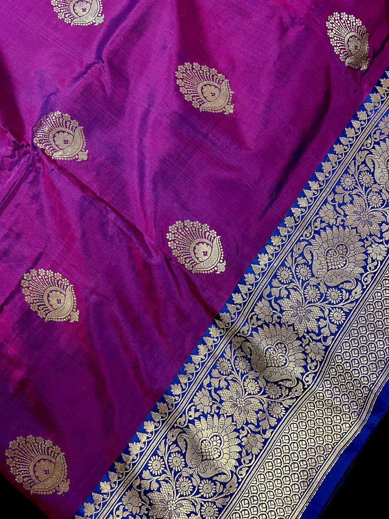 Eggplant Purple Pure Katan Silk Saree with Blue Border and Pallu - Pure Silk Sarees - SILK MARK CERTIFIED