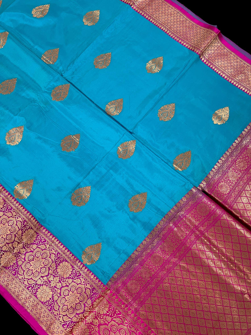 Sky Blue Pure Katan Silk Saree with Hot Pink Border and Pallu - Pure Silk Sarees - SILK MARK CERTIFIED