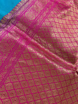 Sky Blue Pure Katan Silk Saree with Hot Pink Border and Pallu - Pure Silk Sarees - SILK MARK CERTIFIED