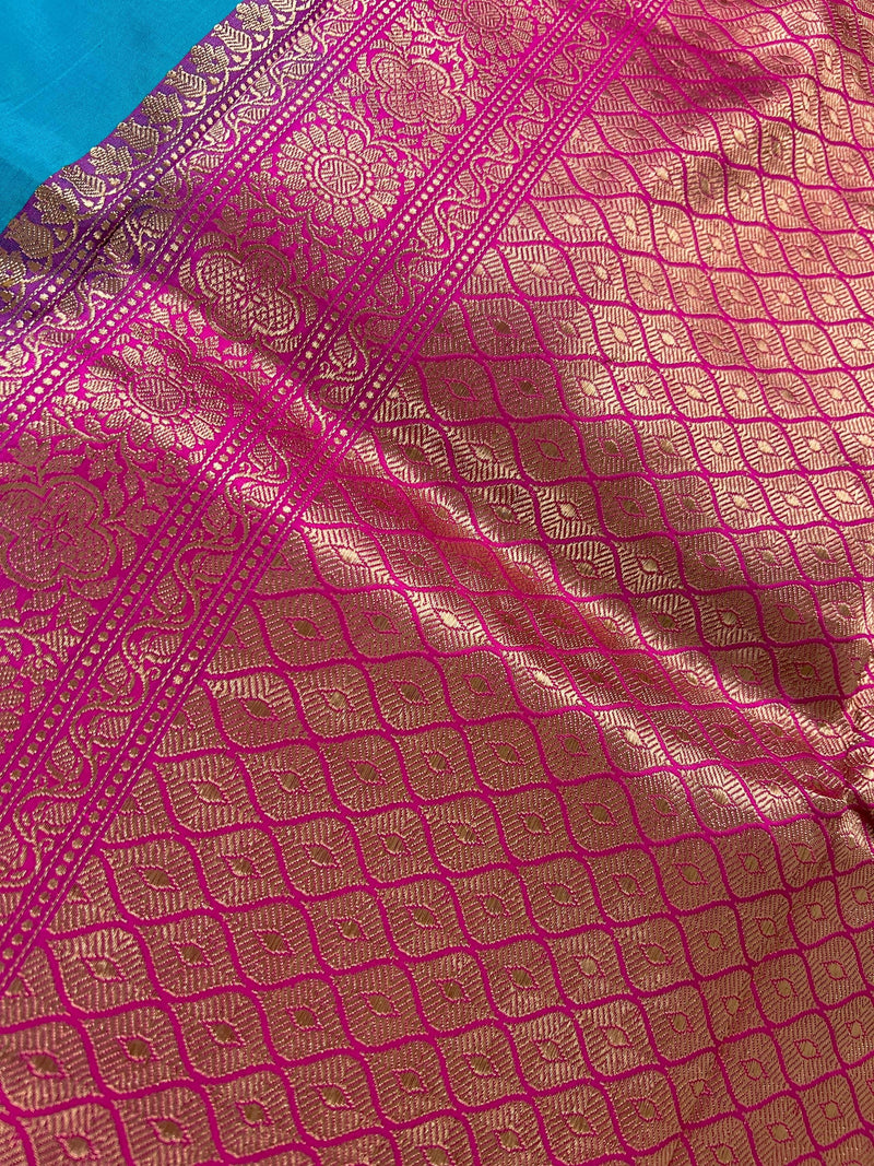 Sky Blue Pure Katan Silk Saree with Hot Pink Border and Pallu - Pure Silk Sarees - SILK MARK CERTIFIED