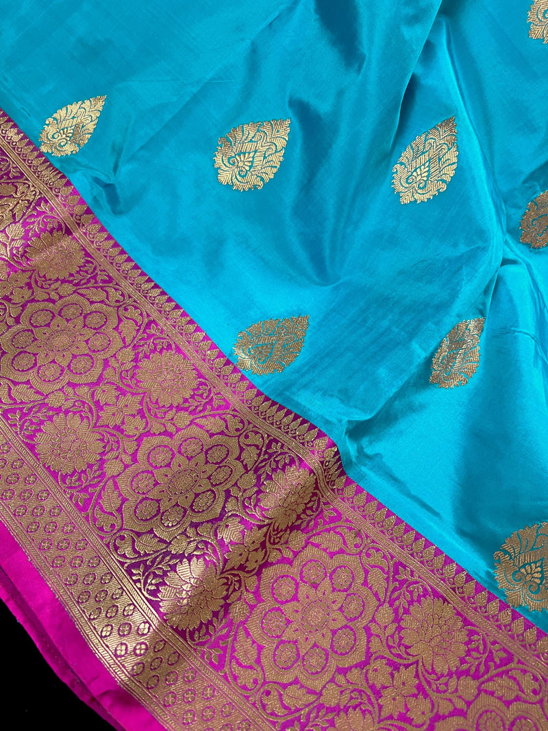 Sky Blue Pure Katan Silk Saree with Hot Pink Border and Pallu - Pure Silk Sarees - SILK MARK CERTIFIED