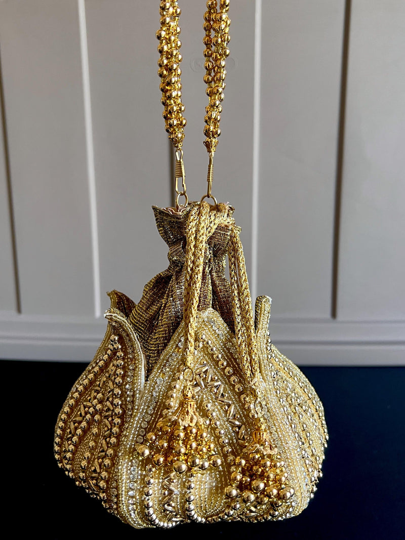 Gold Potli Bag | Gold Beaded Studded Clutch | Party Clutch Sling | Wedding Purse in Gold | Bridal Bag, Handmade, Embellished Lotus Potli