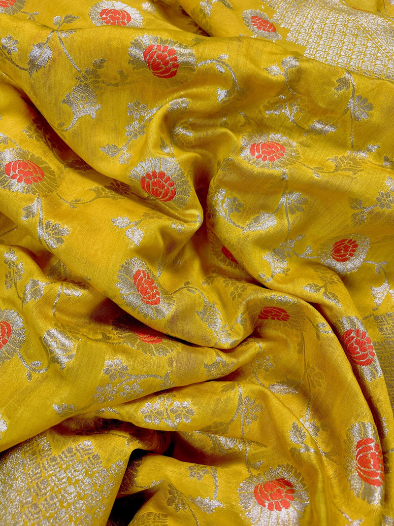 Bright Lemon Yellow Color Banarasi Handloom Cotton Silk Saree - Meenakari and Sliver Zari Weave- Floral Jaal Saree - Banarasi Sarees