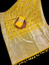 Bright Lemon Yellow Color Banarasi Handloom Cotton Silk Saree - Meenakari and Sliver Zari Weave- Floral Jaal Saree - Banarasi Sarees