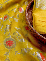 Bright Lemon Yellow Color Banarasi Handloom Cotton Silk Saree - Meenakari and Sliver Zari Weave- Floral Jaal Saree - Banarasi Sarees