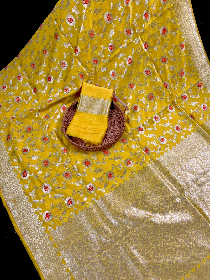 Bright Lemon Yellow Color Banarasi Handloom Cotton Silk Saree - Meenakari and Sliver Zari Weave- Floral Jaal Saree - Banarasi Sarees