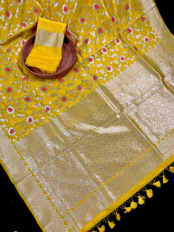 Bright Lemon Yellow Color Banarasi Handloom Cotton Silk Saree - Meenakari and Sliver Zari Weave- Floral Jaal Saree - Banarasi Sarees