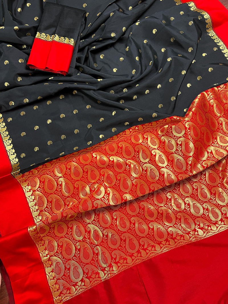 Statement Designer Black with red color Border and Pallu Saree | Banarasi Silk Saree | Gift for Her |  Kaash Collection