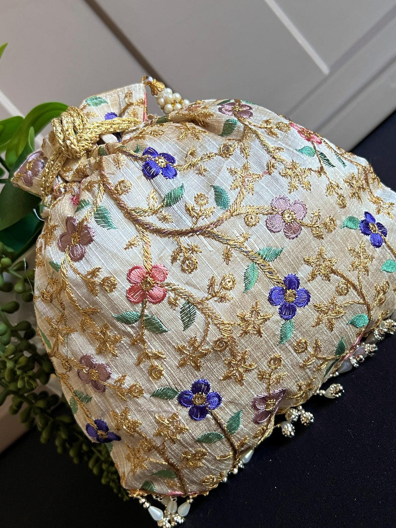 Raw Silk Floral Light Weight Potli Bag | Embroidery Work Potli Bags | Bags for Gifts | Wedding Bags