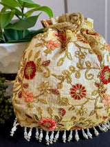 Gold Color Raw Silk Floral Light Weight Potli Bag | Embroidery Work Potli Bags | Bags for Gifts | Wedding Bags