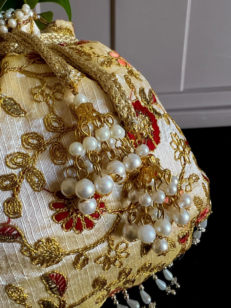 Gold Color Raw Silk Floral Light Weight Potli Bag | Embroidery Work Potli Bags | Bags for Gifts | Wedding Bags